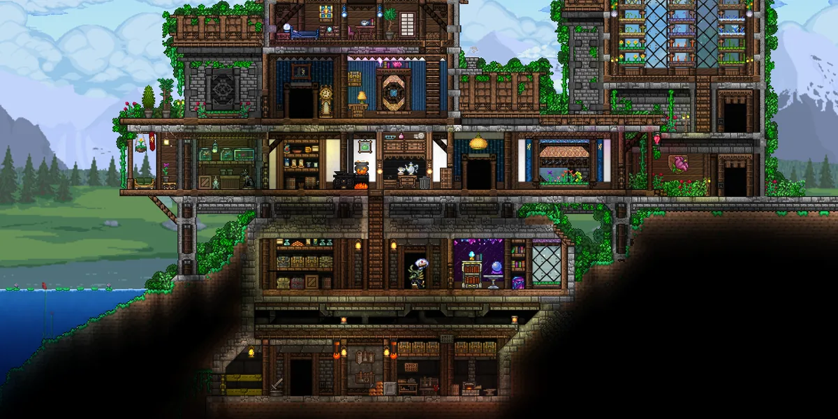 Общая база в Terraria: несколько этажей с комнатами, мастерской и садом